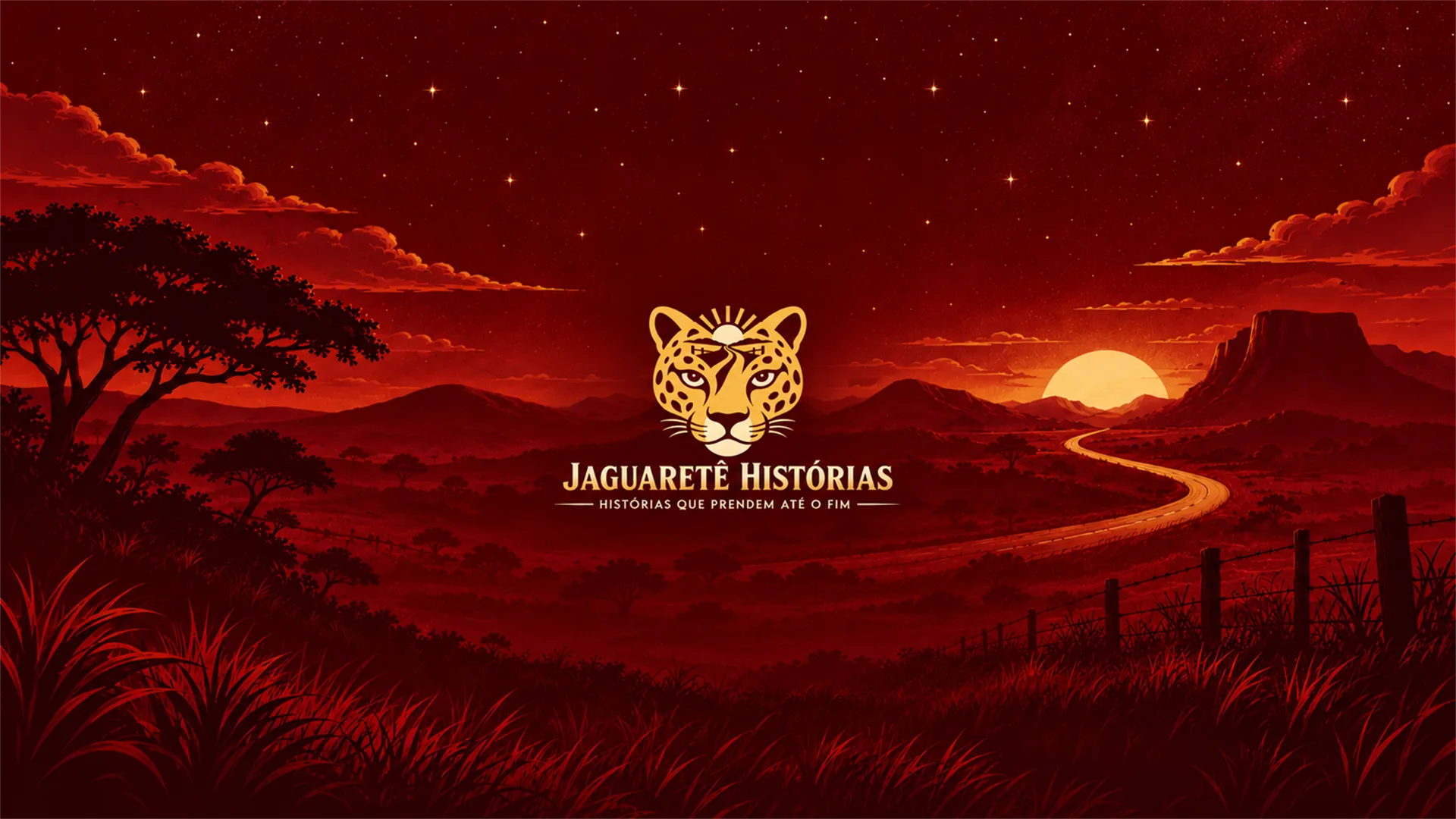 Paisagem rural noturna da Jaguaretê Histórias, com estrada dourada, serras e céu estrelado